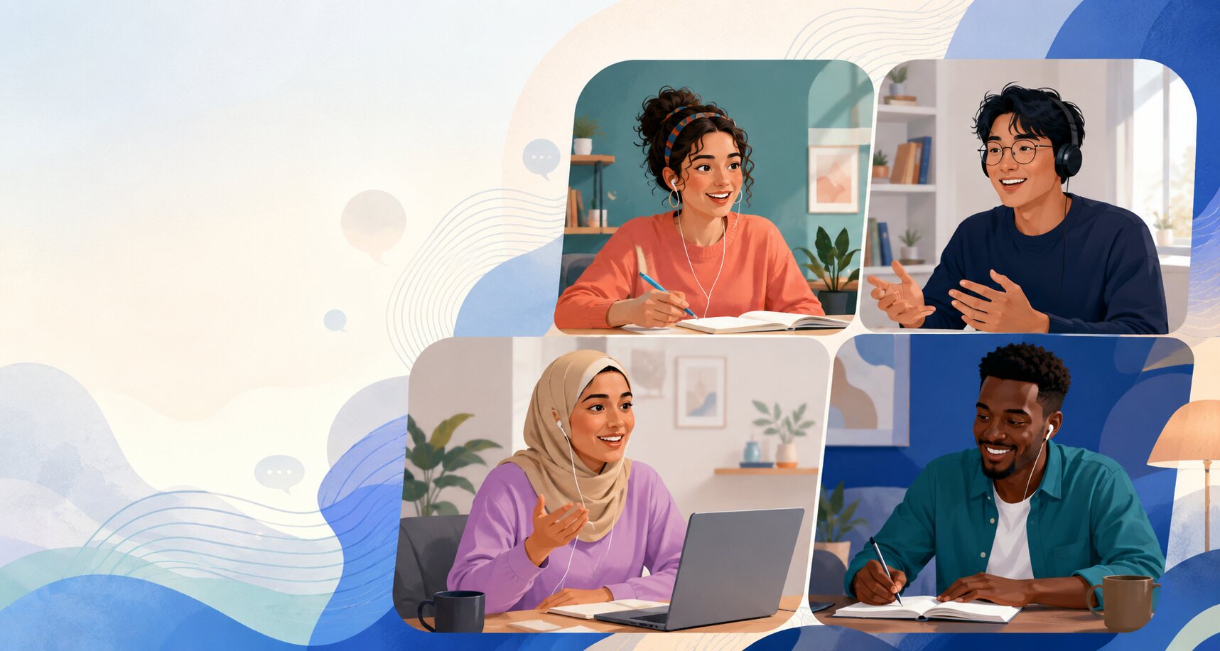 Four adult English learners joining an online lesson from different places